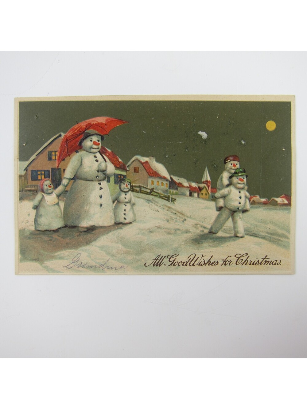 Christmas Postcard Anthropomorphic Snowman Family Houses Night Embossed Antique
